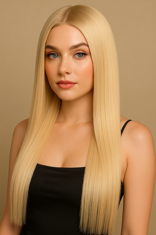 Woman with long blonde hair against a beige background