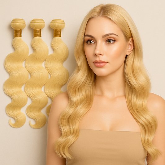 Woman with blonde hair extensions on a beige background